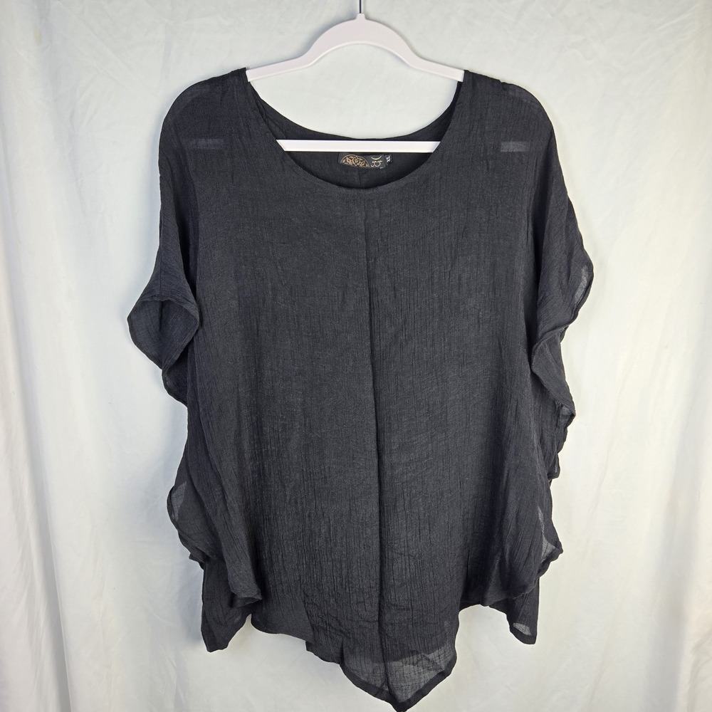 Gaya Silk Flowy Lightweight Poncho Blouse Womens XL Black Lagenlook Coastal Boho